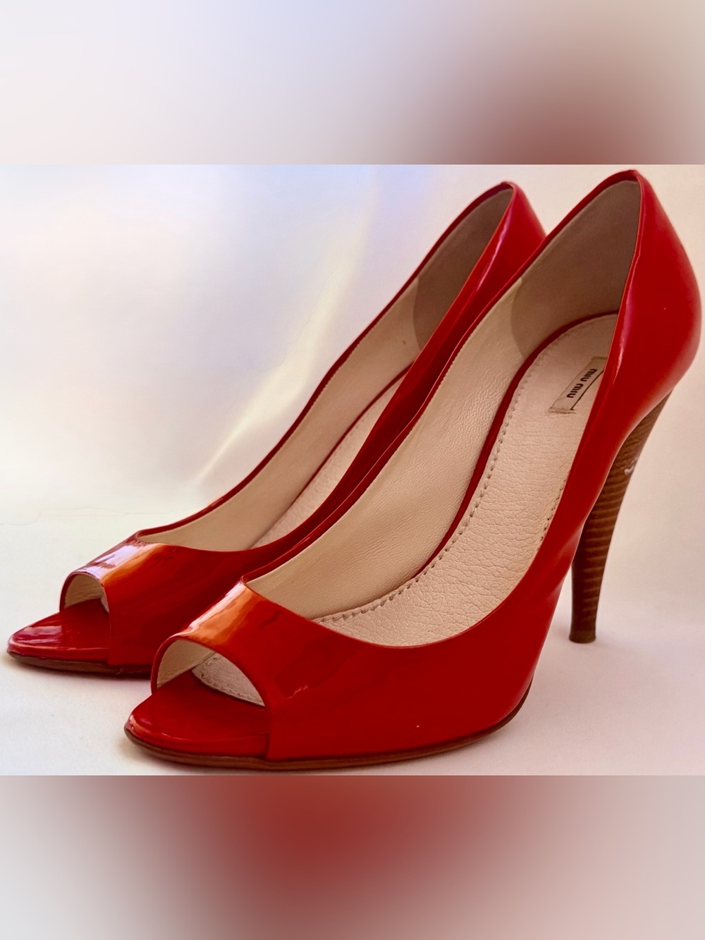 Miu Miu Red Patent Leather Peep Toe Stiletto Pumps Heels EU 38 Italy Y2K